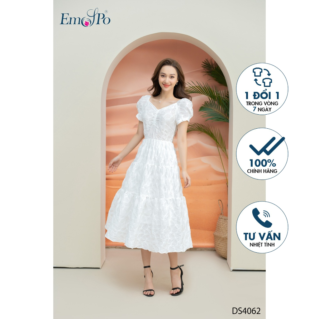 Đầm xòe cổ vuông, chun vai , bèo tầng Emspo DS4062
