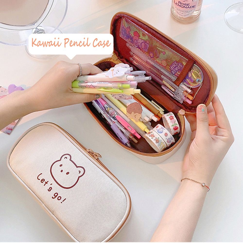 Túi đựng bút/ mỹ phẩm bằng vải canvas cỡ lớn chống thấm nước in họa tiết gấu/ thỏ dễ thương