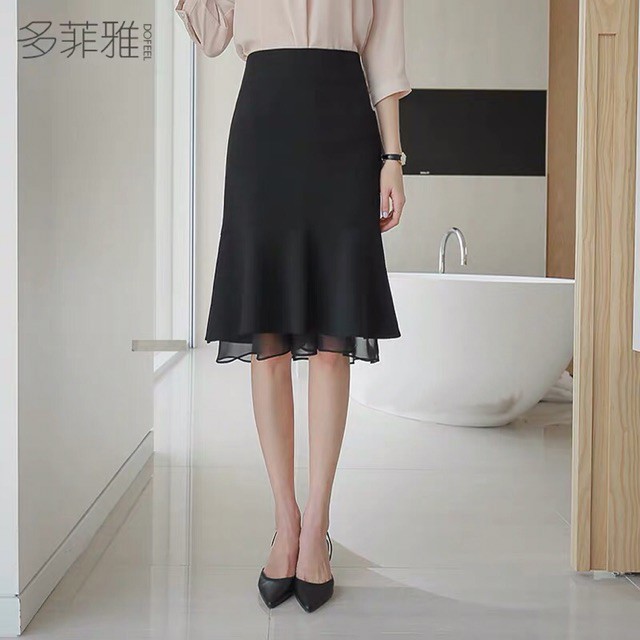 Chân váy dáng suông công sở đuôi cá phối voan