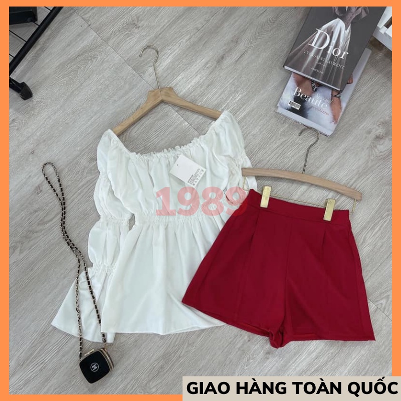 Set Áo Thô Trễ Vai Mix Quần Tacta Đỏ Siêu Xinh Có Ảnh Thật THỜI TRANG1989 áo trễ vai tay bồng ULZZANG hàn quốc nữ