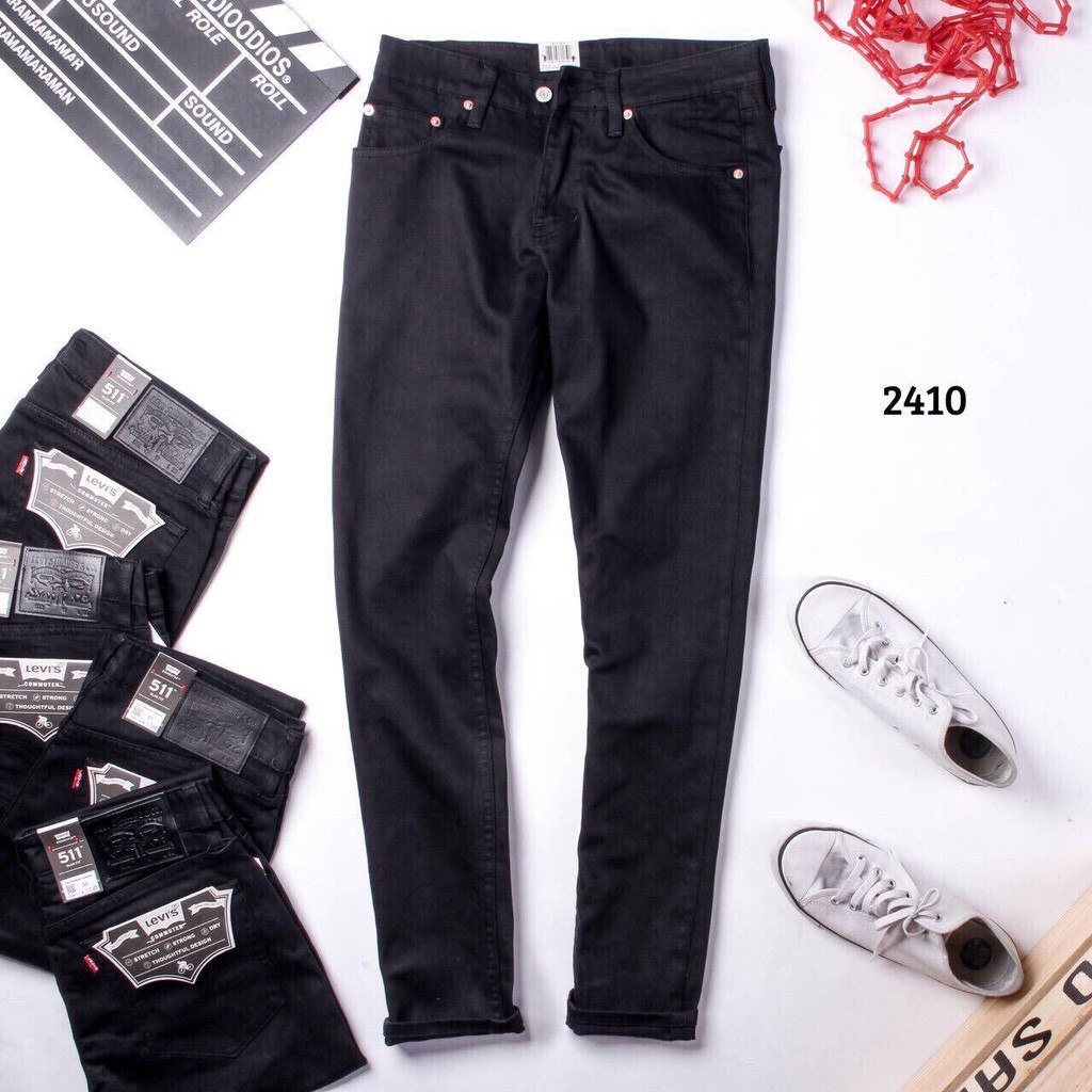 Quần Jean Nam Le Vi Đen Trơn Slim Fit Ống Đứng Co Dãn Vnxk | BigBuy360 - bigbuy360.vn