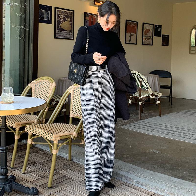 Quần ống rộng họa tiết kẻ sọc ca rô phong cách cổ điển thời trang cho nữ