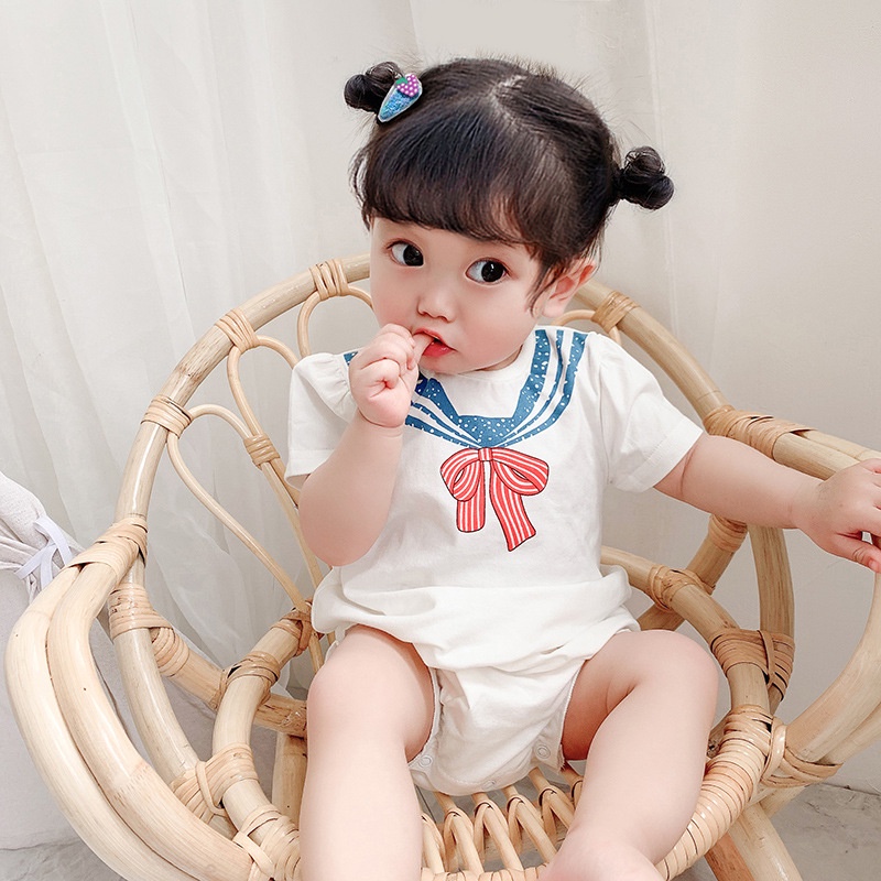 Áo liền quần vải cotton tay ngắn in hình cổ thủy thủ phối nơ phong cách hè cho bé gái