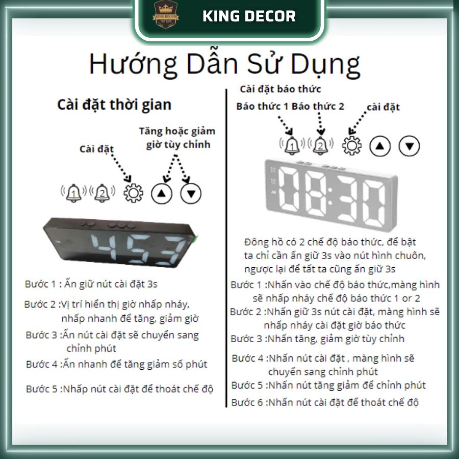Đồng hồ để bàn decor báo thức chuông to màn hình led KingDecor sử dụng pin AAA kích thước 6x16cm, trang tri bàn làm việc