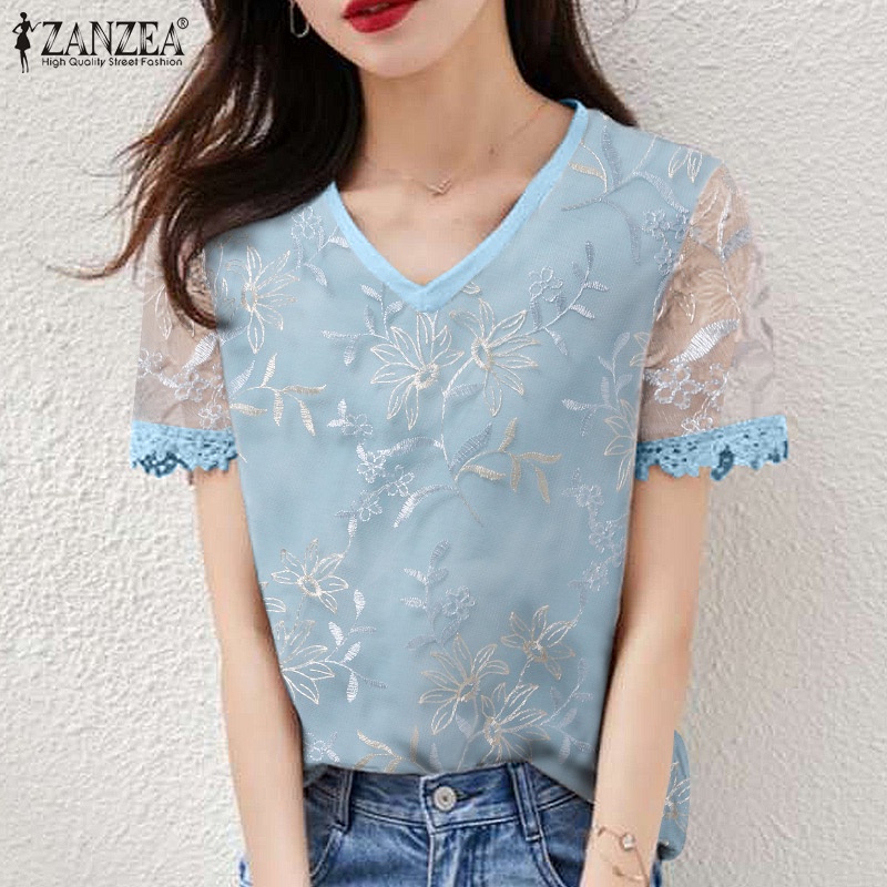 Áo nữ ZANZEA tay ngắn cổ chữ V thời trang thanh lịch