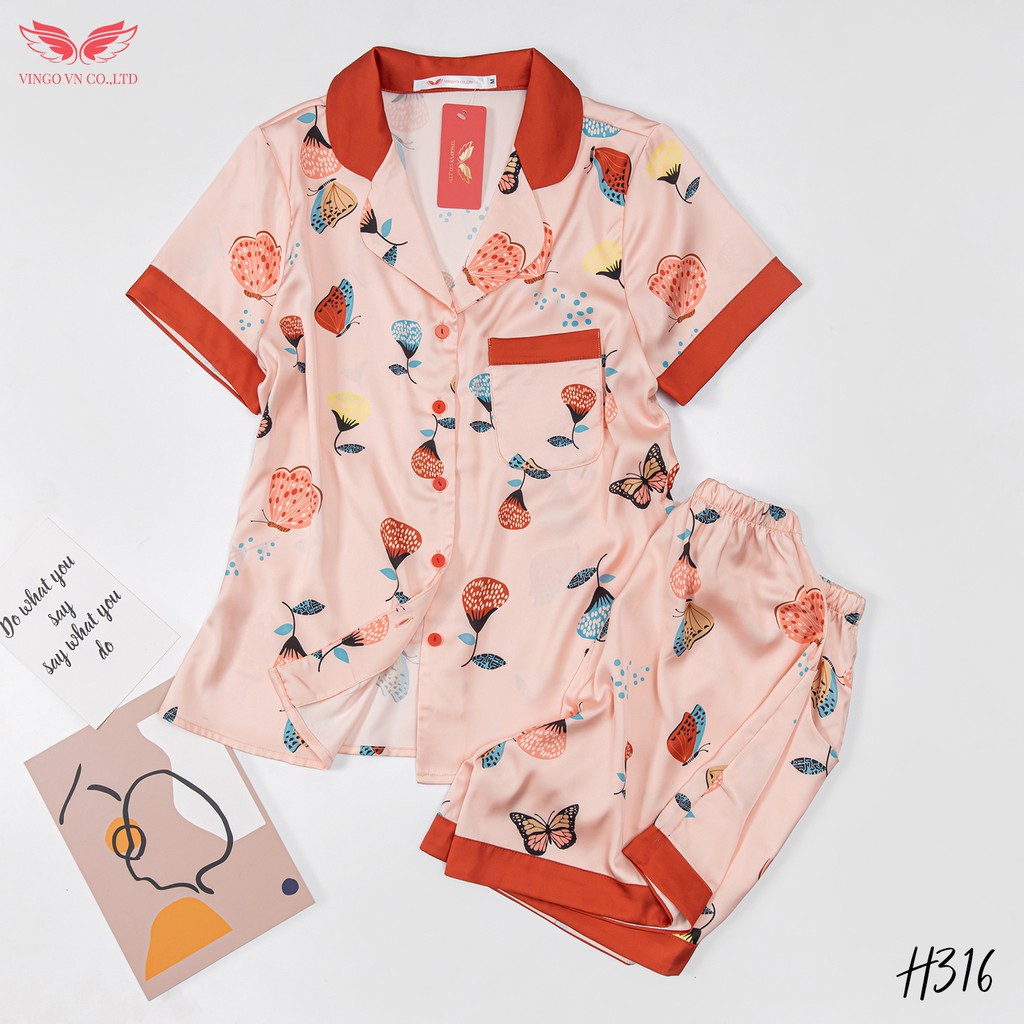 VINGO Bộ đồ nữ Pyjama lụa Pháp cao cấp mặc nhà mặc ngủ tay ngắn quần ngắn cộc họa tiết cánh hoa Vingo mã H316 VNGO | WebRaoVat - webraovat.net.vn