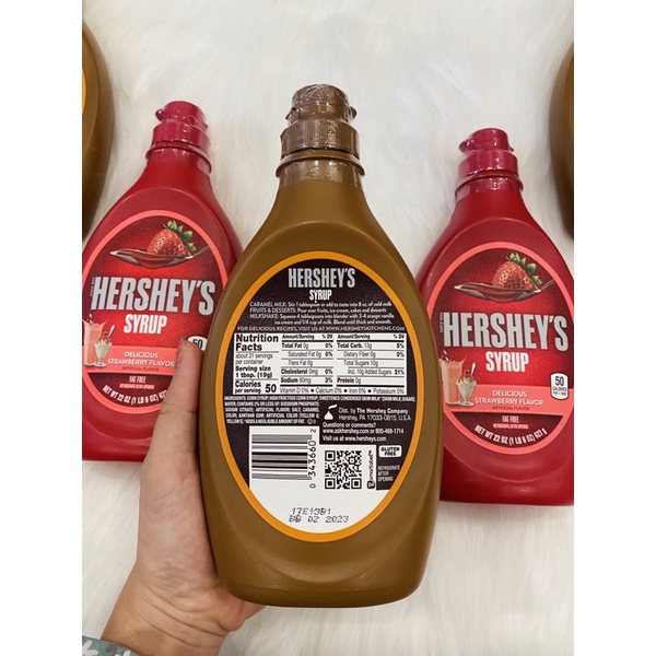 [HÀNG MỸ] Sốt syrup Hershey Caramel/Dâu Fat Free chai 623ml.