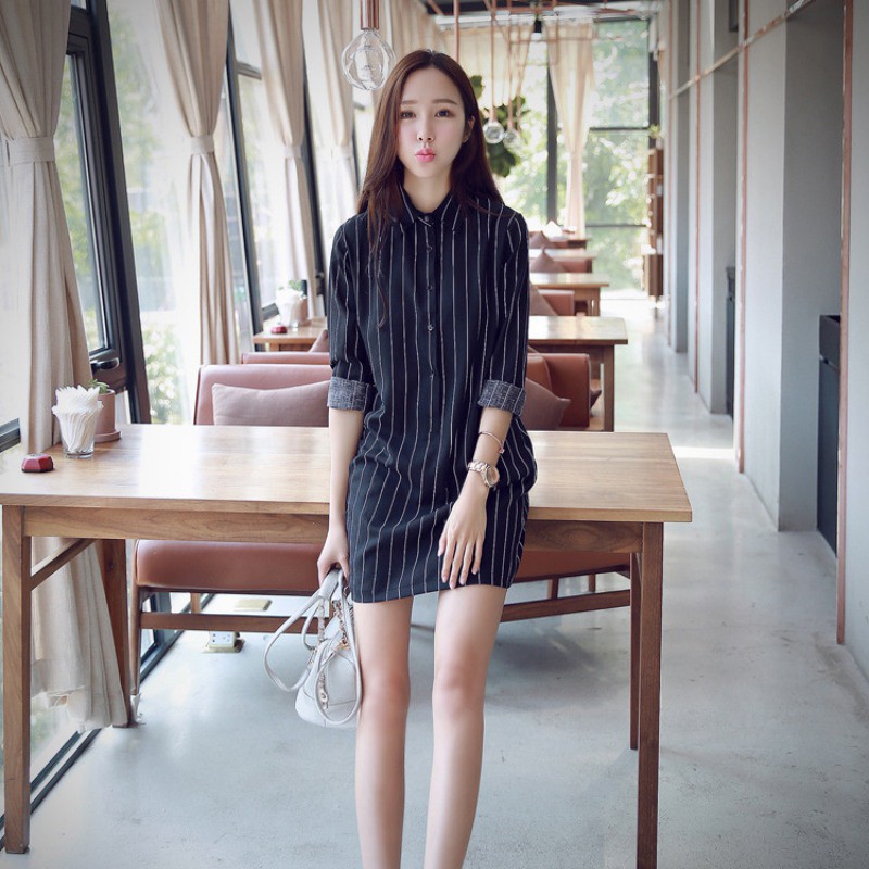 Đầm sơmi họa tiết kẻ sọc tay dài cổ bẻ thanh lịch thời trang cho nữ | BigBuy360 - bigbuy360.vn