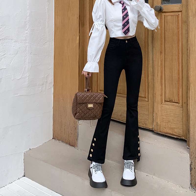 【ZHELIHANGFEI】Quần Jean Dài Lưng Cao Ống Loe Xẻ Tà Cá Tính Trẻ Trung