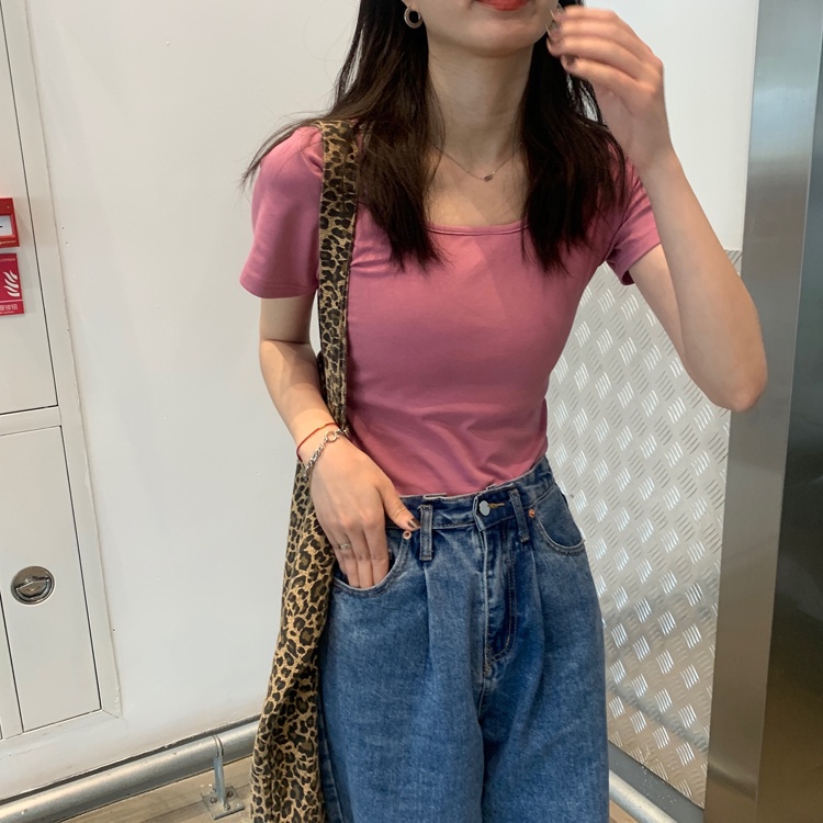 Áo thun nữ ngắn tay cổ chữ U màu sắc đơn giản 43915