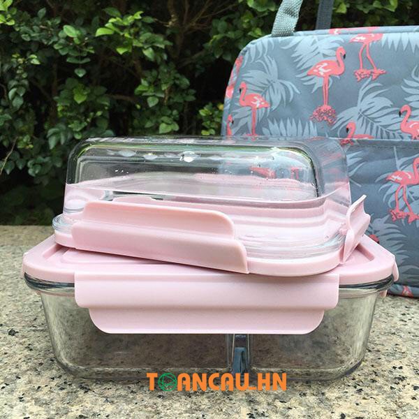 Hộp cơm văn phòng thủy tinh chia ngăn chống tràn Túi giữ nhiệt + Bộ thìa - Hộp đựng thực phẩm(Nắp bằng) | BigBuy360 - bigbuy360.vn