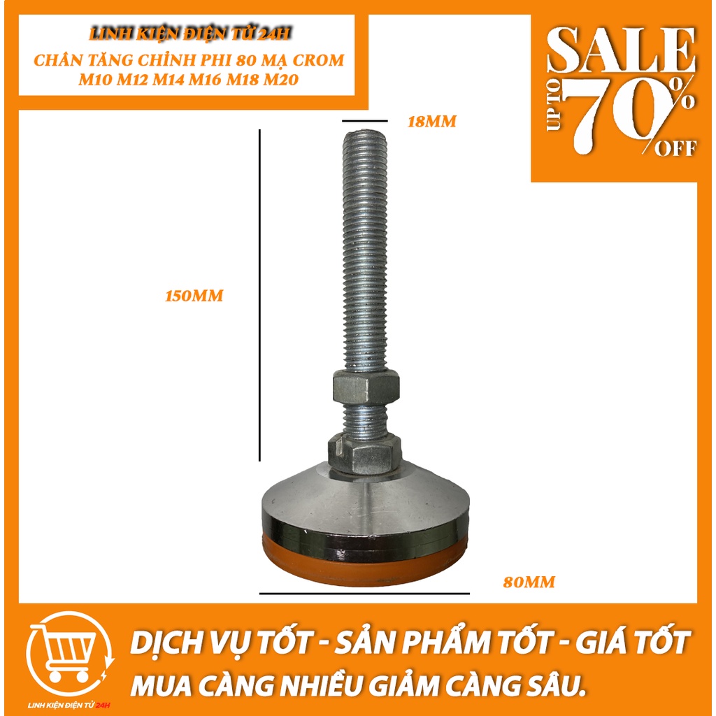 Chân tăng chỉnh phi 80mm đế cao , mạ Crom ren M10-M12-M14-M16-M18-M24, chân tăng chỉnh chiều cao