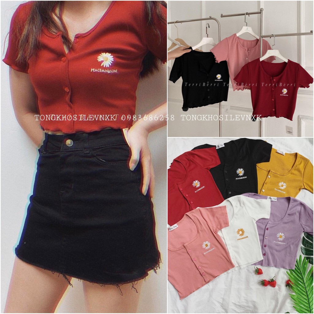 ÁO CROPTOP PEACEMINUSONE CÚC CÀI THÊU HOA CÚC CHẤT LEN TĂM 6 MÀU HOT