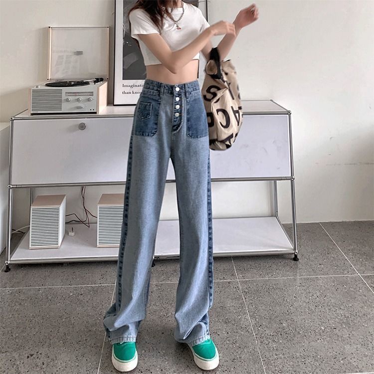Quần Denim Lưng Cao Phối Màu Phong Cách Vintage Thời Trang Mùa Thu Cho Nữ