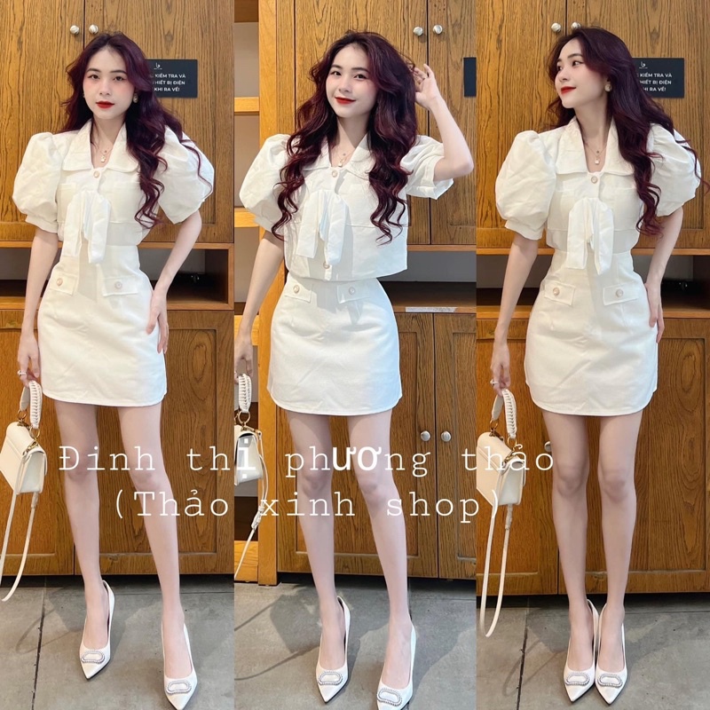 Set váy cổ nơ tay phồng