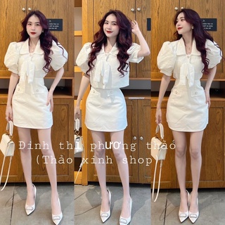 Set váy cổ nơ tay phồng