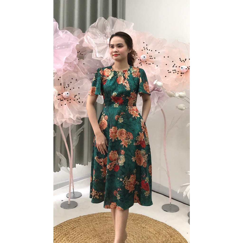 Đầm xòe lụa hoa cổ nhíu tay ngắn có túi EM5928 - Váy EMY