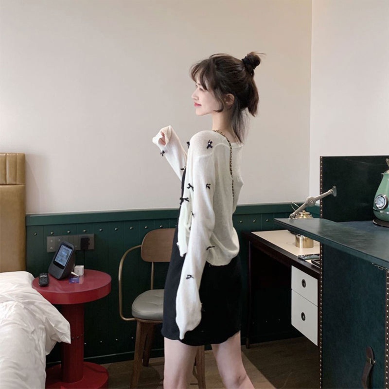 Áo Khoác Cardigan Dệt Kim Mỏng Tay Dài Chống Nắng Cài Nút Thắt Nơ Cho Nữ Bl