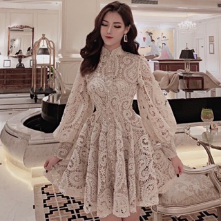 [ GIÁ SẬP SÀN ] Đầm ren tiểu thư dáng xoè tay bồng cổ tàu đính cúc ngọc ( có ảnh và video thật)