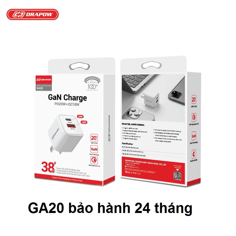 Củ sạc nhanh IP13 GA20 38W DRAPOW Adapter-USB C + PD 20W QC 3.0 18w cho IP