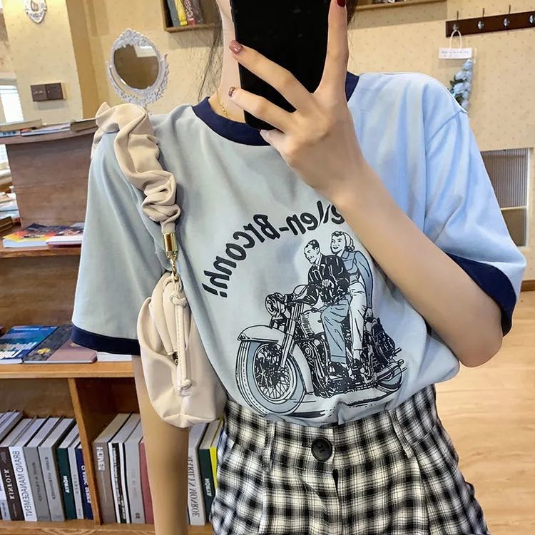 Áo thun cotton dáng rộng phong cách Retro Mỹ cá tính cho nữ