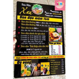 Combo 5 menu nhựa (Giá đã bao gồm phí thiết kế)