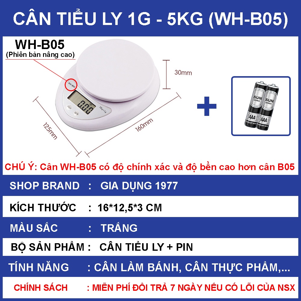 Cân tiểu ly điện tử nhà bếp mini định lượng 1g - 5kg làm bánh độ chính xác cao kèm 2 viên pin AAA