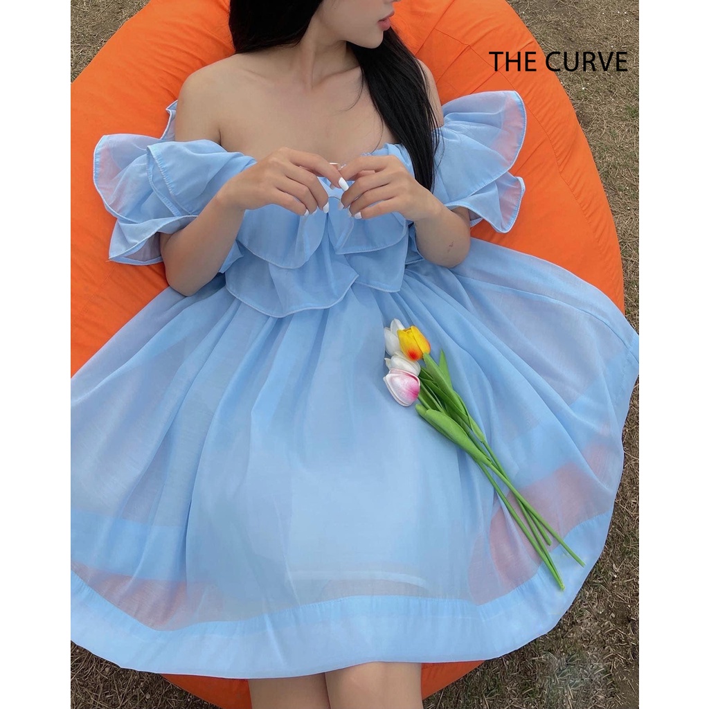 Đầm Trễ Vai Đi Chơi Bèo Tầng Bo Eo Tôn Dáng, Váy Xòe - Vải Xô Xốp + Lót Toàn Thân - 3 Màu Hồng, Trắng, Xanh