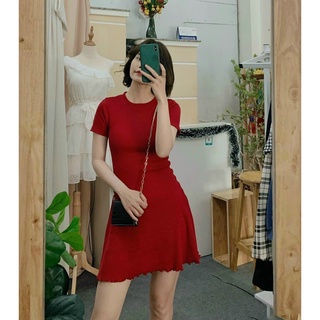 Đầm Thun Gân Cổ tròn Dáng xòe Basic 2 Màu Đen Đỏ 1430