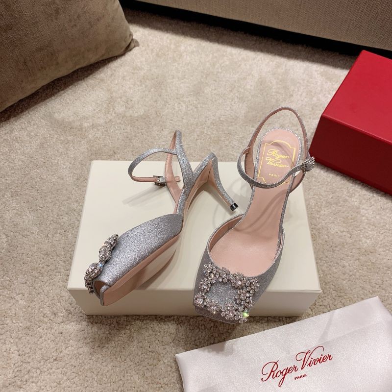 Giày cao gót nữ da thật mũi vuông bịt mũi đính đá lấp lánh gót 6,5cm Roger Vivier RV