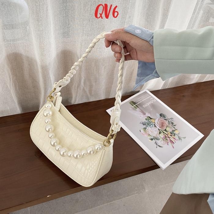 Túi đeo chéo kẹp nách, Túi xách nữ dây da xoắn phối chuỗi ngọc thời trang cao cấp - QV6 Shop