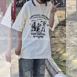 Áo polo trắng ngắn tay in chữ UNOFFCALL form dáng rộng unisex nam nữ mặc được phong cách hàn quốc trẻ trung năng động