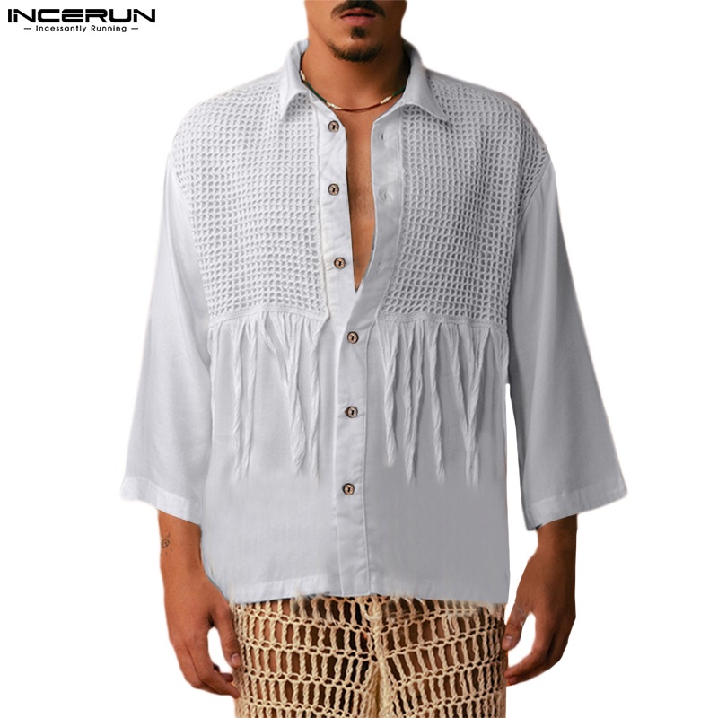 Áo sơ mi INCERUN tay lỡ dáng rộng phối nút gài thời trang cho nam
