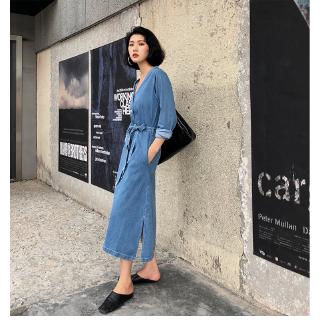 [Nhập WASIPN giảm 30K cho đơn 150K] Đầm denim dáng dài cột eo thanh lịch thời trang
