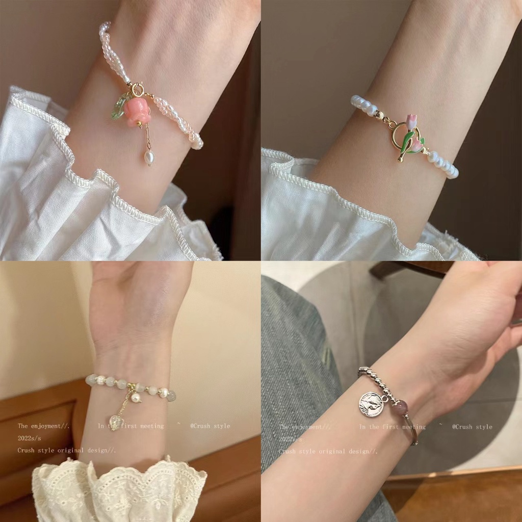 Vòng Đeo Tay Họa Tiết Hoa Tulip Đính Ngọc Trai Phong Cách Vintage Thời Trang