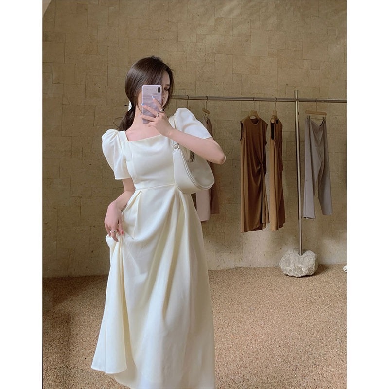 Đầm Trắng Tay Phồng Dáng Dài Kiểu Pháp Thiết Kế Đơn Giản Cho Nữ