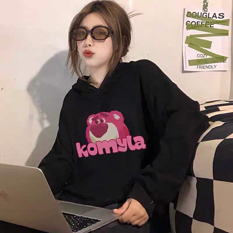 Áo Hoodie Nỉ Bông Dài Tay Túi Bụng To Gấu Dâu KOMYLA