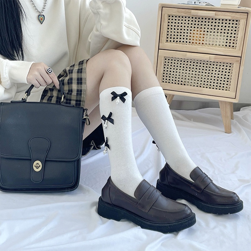 Vớ Cotton Cao Đến Đầu Gối Đính Nơ Và Ngọc Trai Ngọt Ngào Phong Cách Harajuku Cho Nữ Sinh