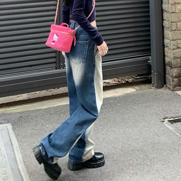 Quần jeans dài hai màu phân nửa ống rộng phong cách retro