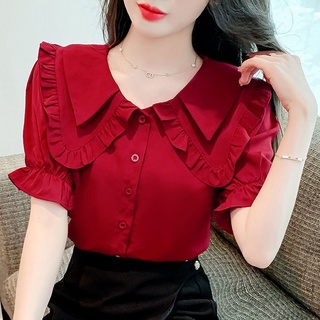  Áo Sơ Mi chiffon Hai Lớp Tay Ngắn Cổ Búp Bê Dáng Rộng Phong Cách Thời Trang Hàn Quốc 