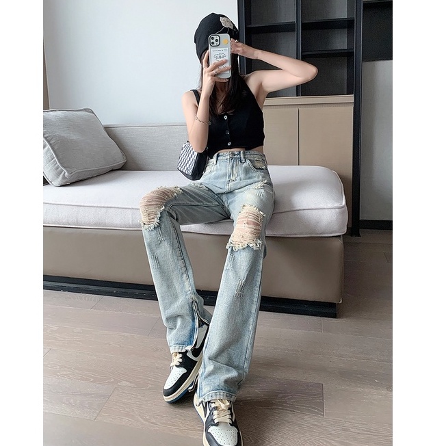 Quần jeans Dài Lưng Cao Ống Đứng Thời Trang Nữ retro