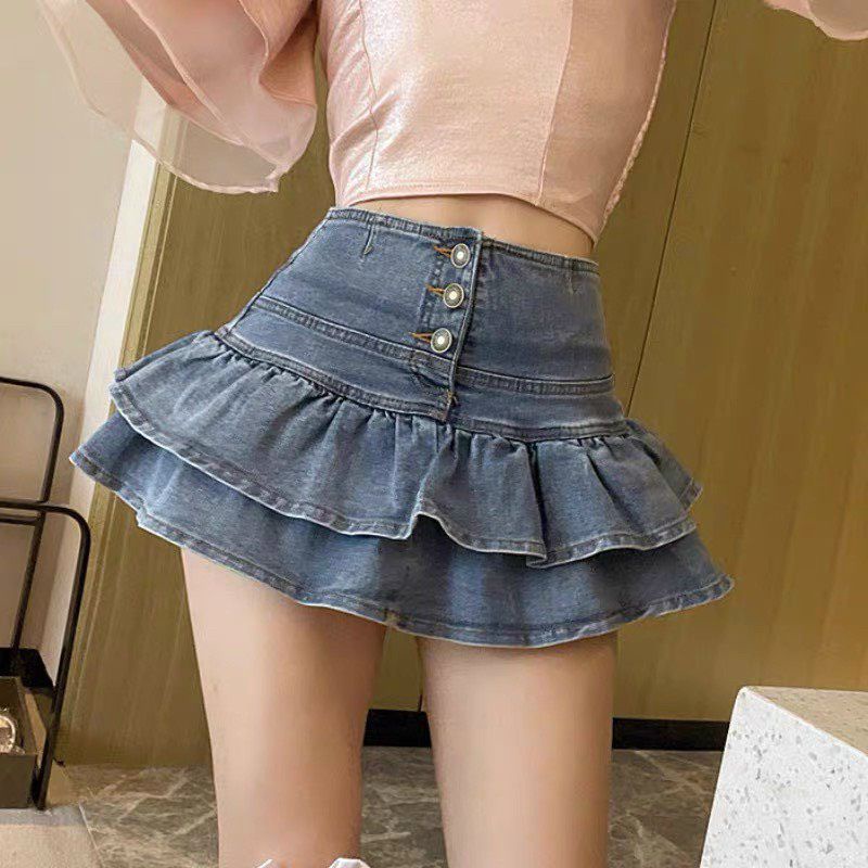 Chân váy jeans nút 2 tầng vạt xòe  👍