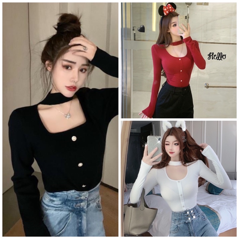 Áo Croptop Khoét Ngực Đính Cúc Tay Dài Form Chuẩn Ôm Body Hot Hit Ulzzang