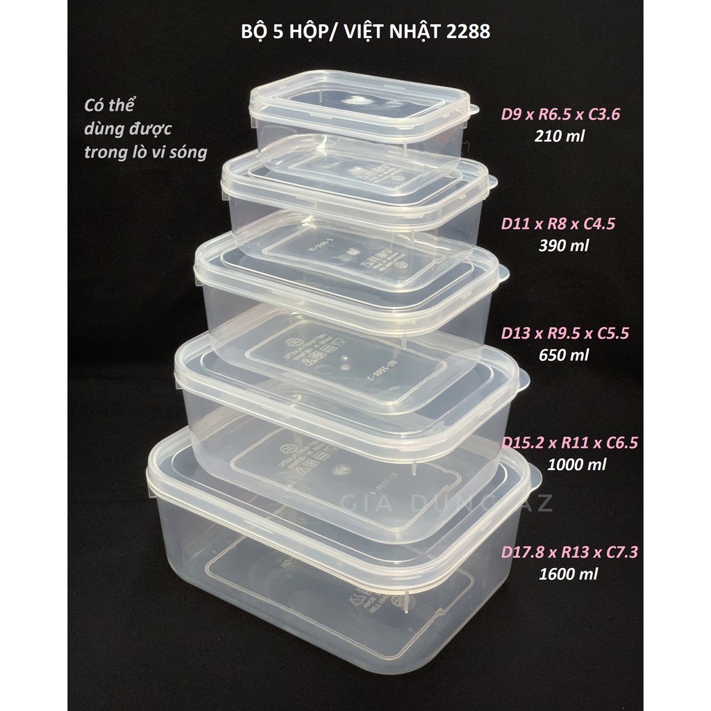 [GIÁ HỦY DIỆT] Bộ 5 hộp nhựa đựng thức ăn, hộp lạnh bầu tiện dụng để lò vi sóng, tủ lạnh, hôp trữ đông Việt Nhật