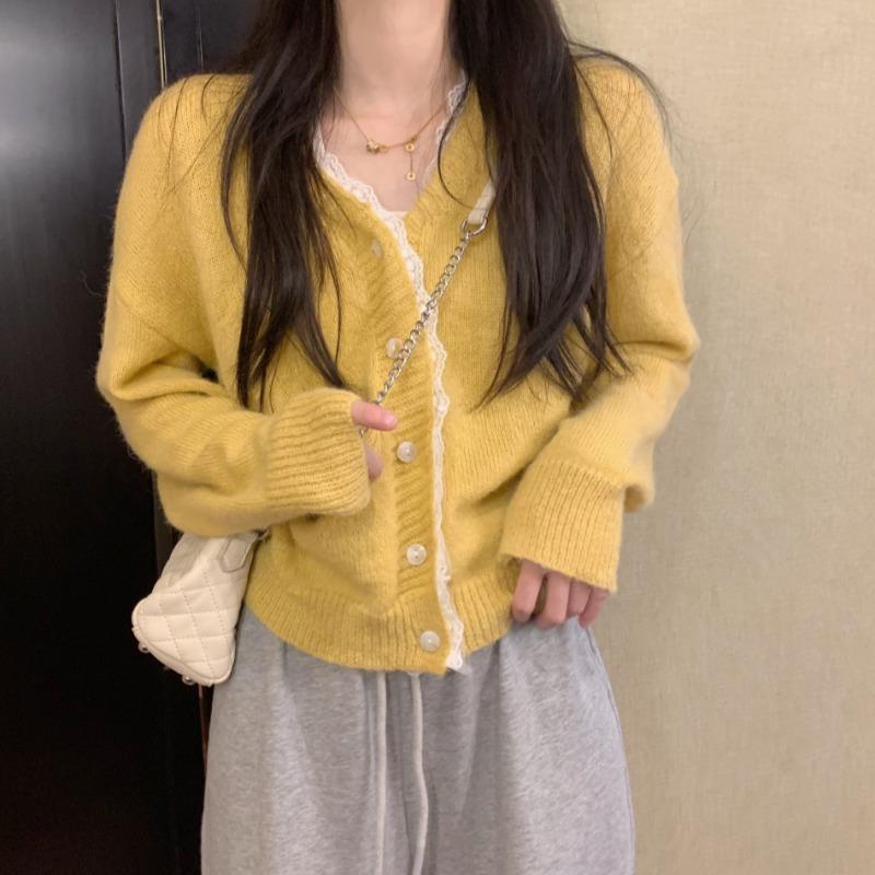 Áo Khoác Cardigan Dệt Kim Dáng Ngắn Form Rộng Phối Ren Thời Trang Cho Nữ