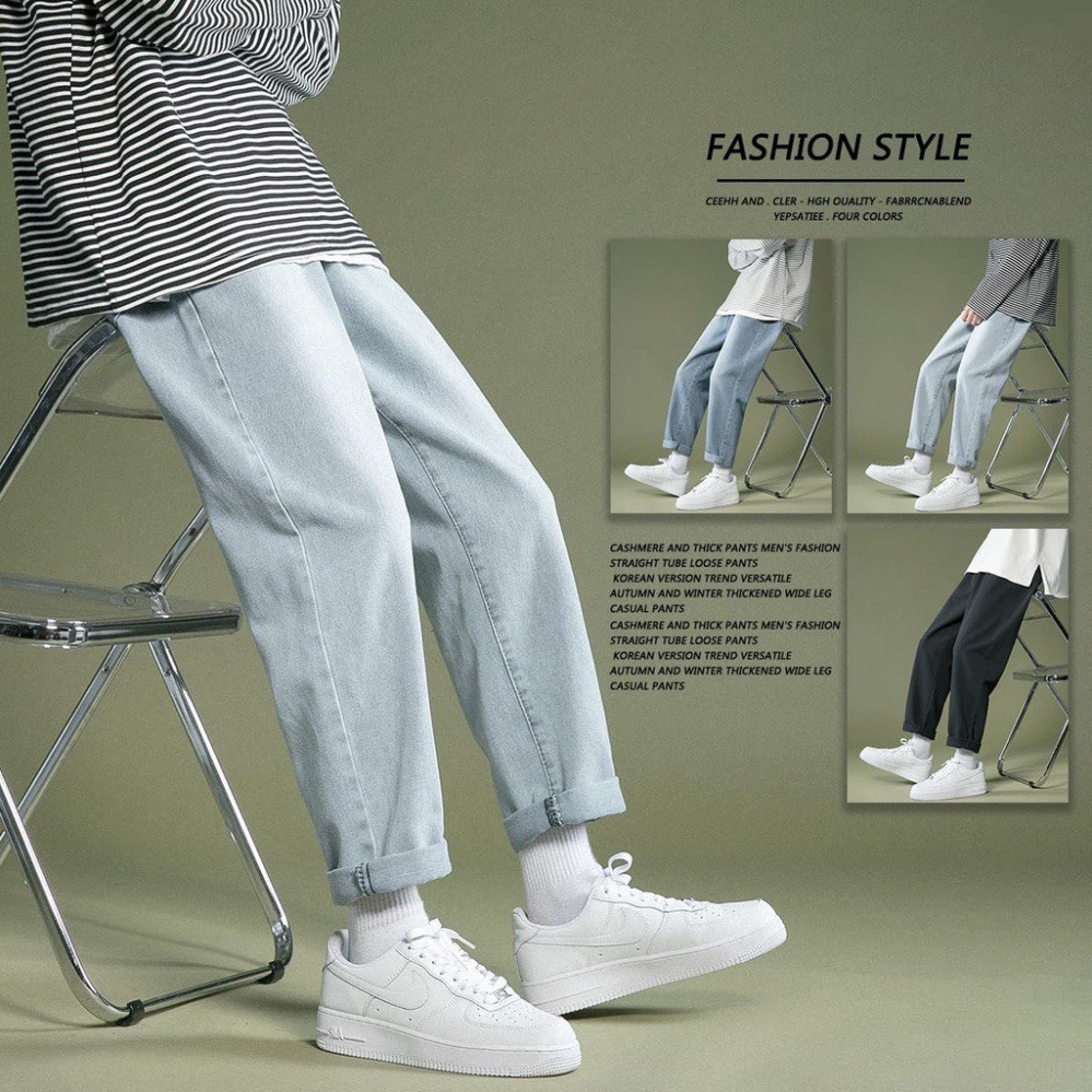 Quần jean nam sleek baggy ống suông rộng đen. Quần bò Rách gấu. Jean trơn ống đứng - Mát mẻ hè 2022