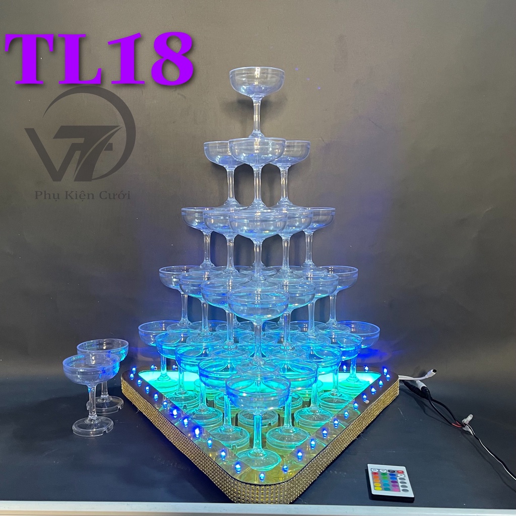 Tháp Ly Cưới 5 Tầng - Cao Cấp - Đế Tháp Có Đèn Led Chỉnh Màu