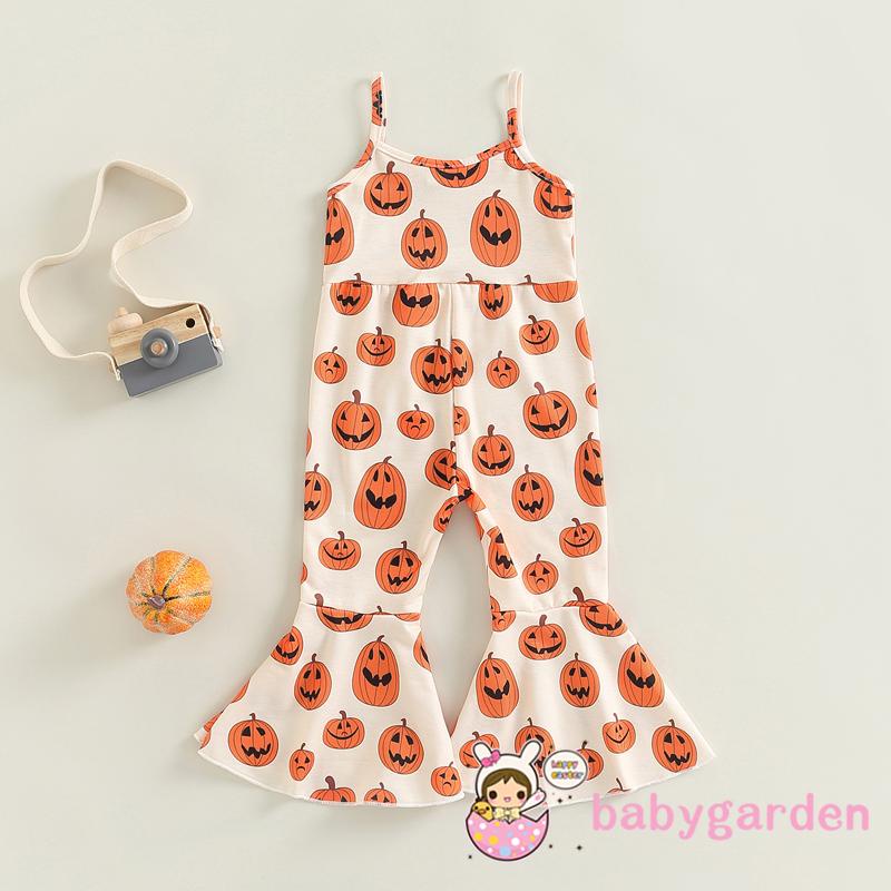Bộ Áo Liền Quần Hai Dây In Họa Tiết Bí Ngô Halloween Thời Trang Cho Bé Gái 1-5 Tuổi