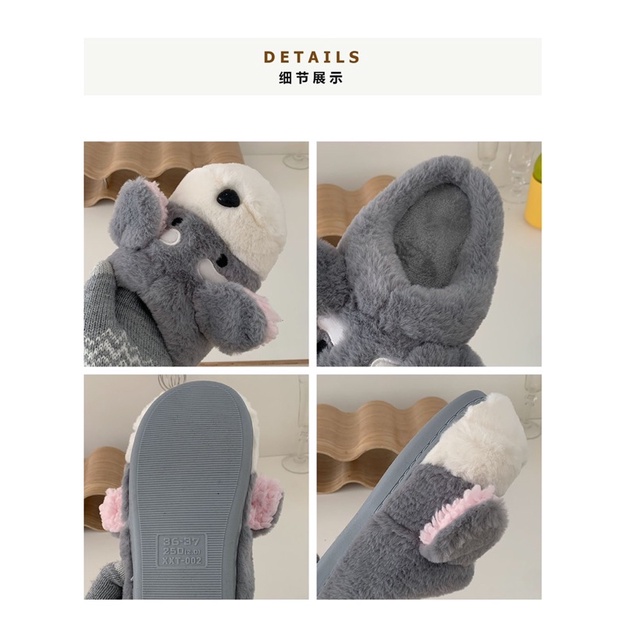 Dép bông gấu xám có tai cute đế xốp lông mịn chống trơn đi được cả ngoài đường