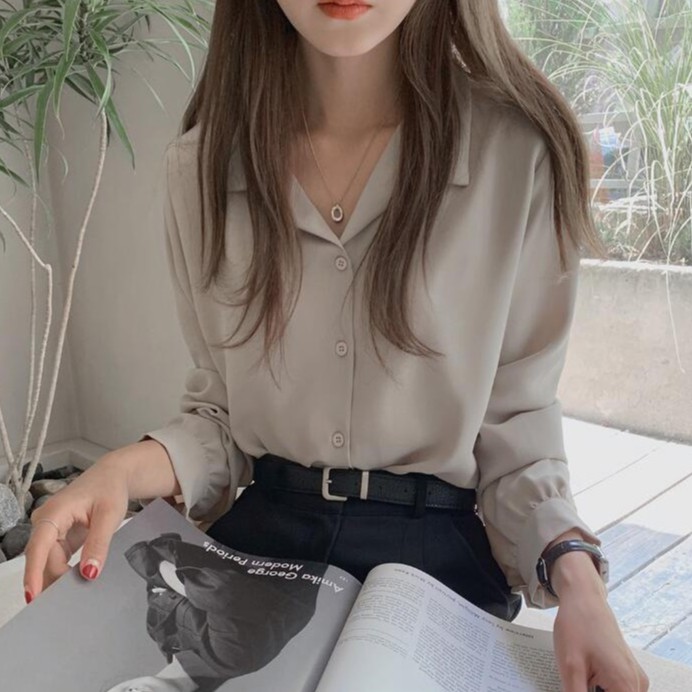 Áo sơ mi nữ tay dài màu trơn thời trang đơn giản 35923